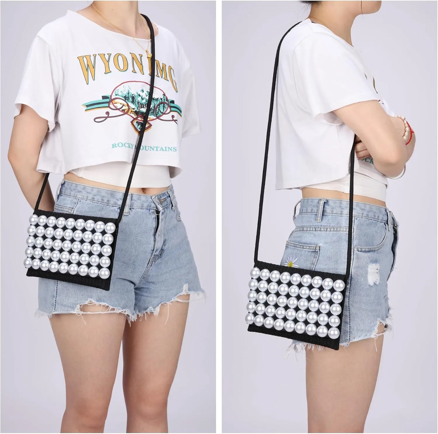 Ayliss Women Crossbody Handbag Purse Small Artificial Pearl Handwoven Summer Beach Shoulder Handbag Woven Cotton Crochet