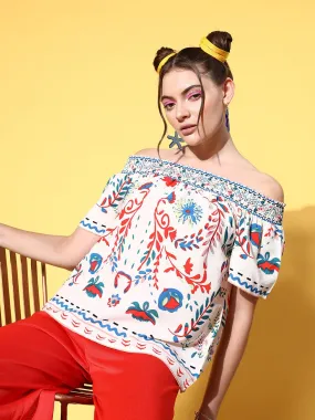Berrylush Women White & Blue Tribal Printed Off-Shoulder Neck Crepe Regular Top