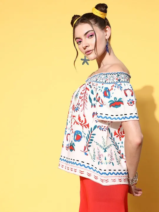 Berrylush Women White & Blue Tribal Printed Off-Shoulder Neck Crepe Regular Top