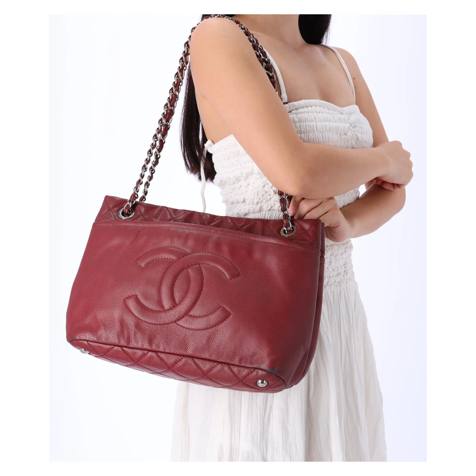Chanel Classic Caviar Leather Tote Timeless CC Soft Chain Tote Caviar Red