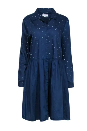 Chinti & Parker - Navy Star Print Long Sleeve Button-Up Cotton Shirtdress Sz L