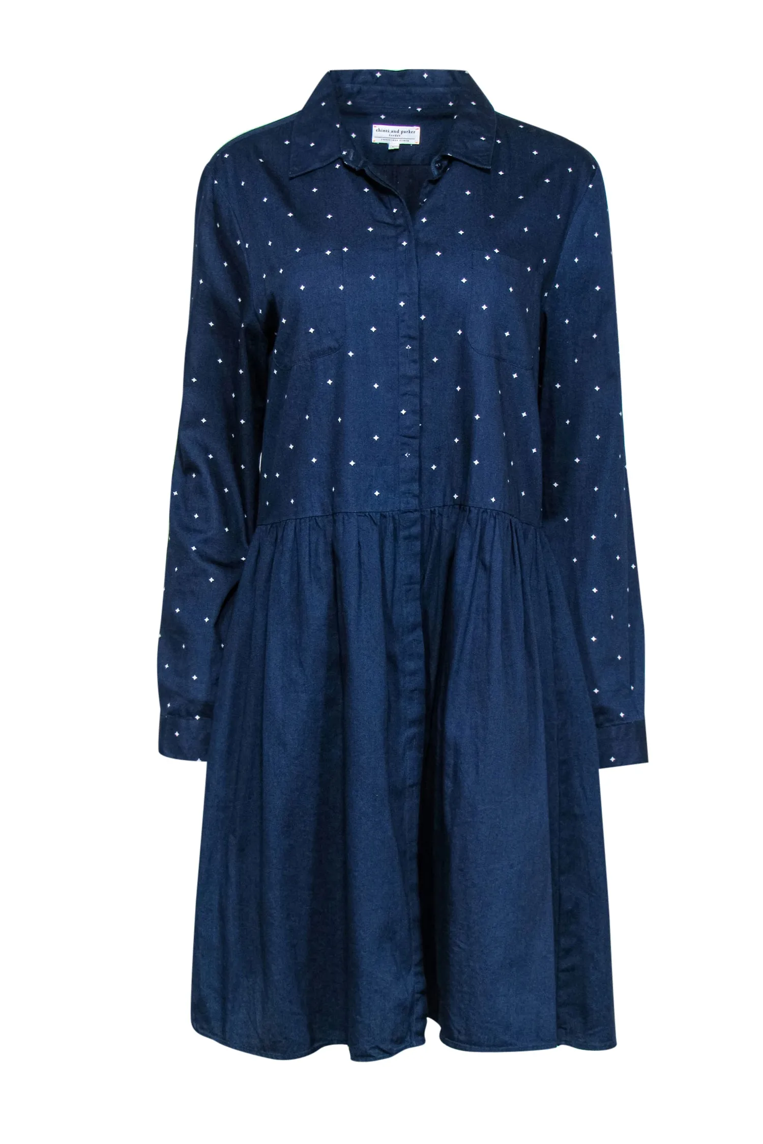Chinti & Parker - Navy Star Print Long Sleeve Button-Up Cotton Shirtdress Sz L