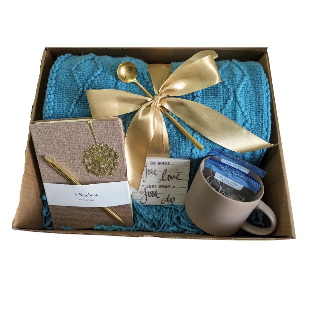 Cozy Blanket & Tea Gift Set Box with Teal and Brown Theme