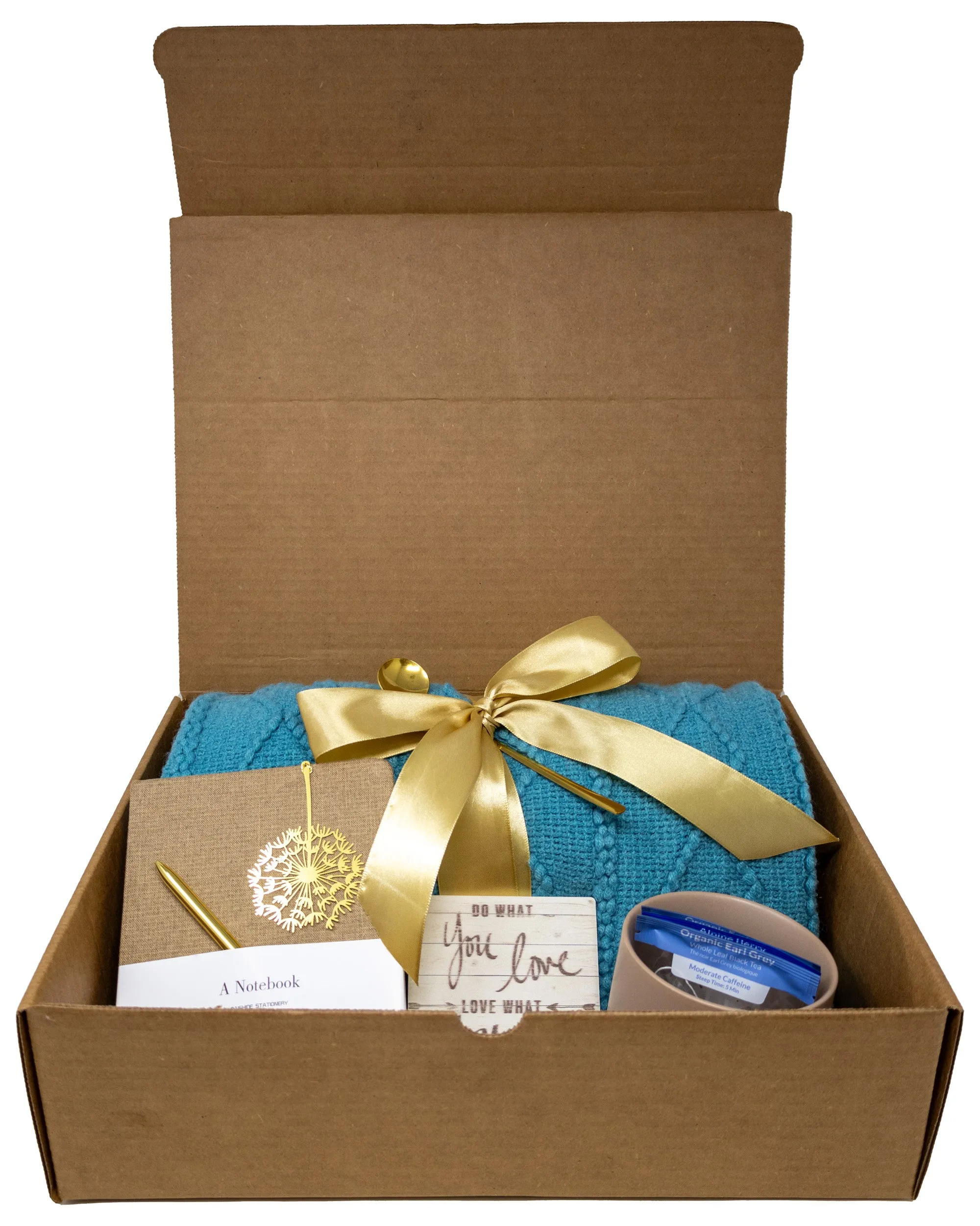 Cozy Blanket & Tea Gift Set Box with Teal and Brown Theme