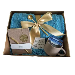 Cozy Blanket & Tea Gift Set Box with Teal and Brown Theme