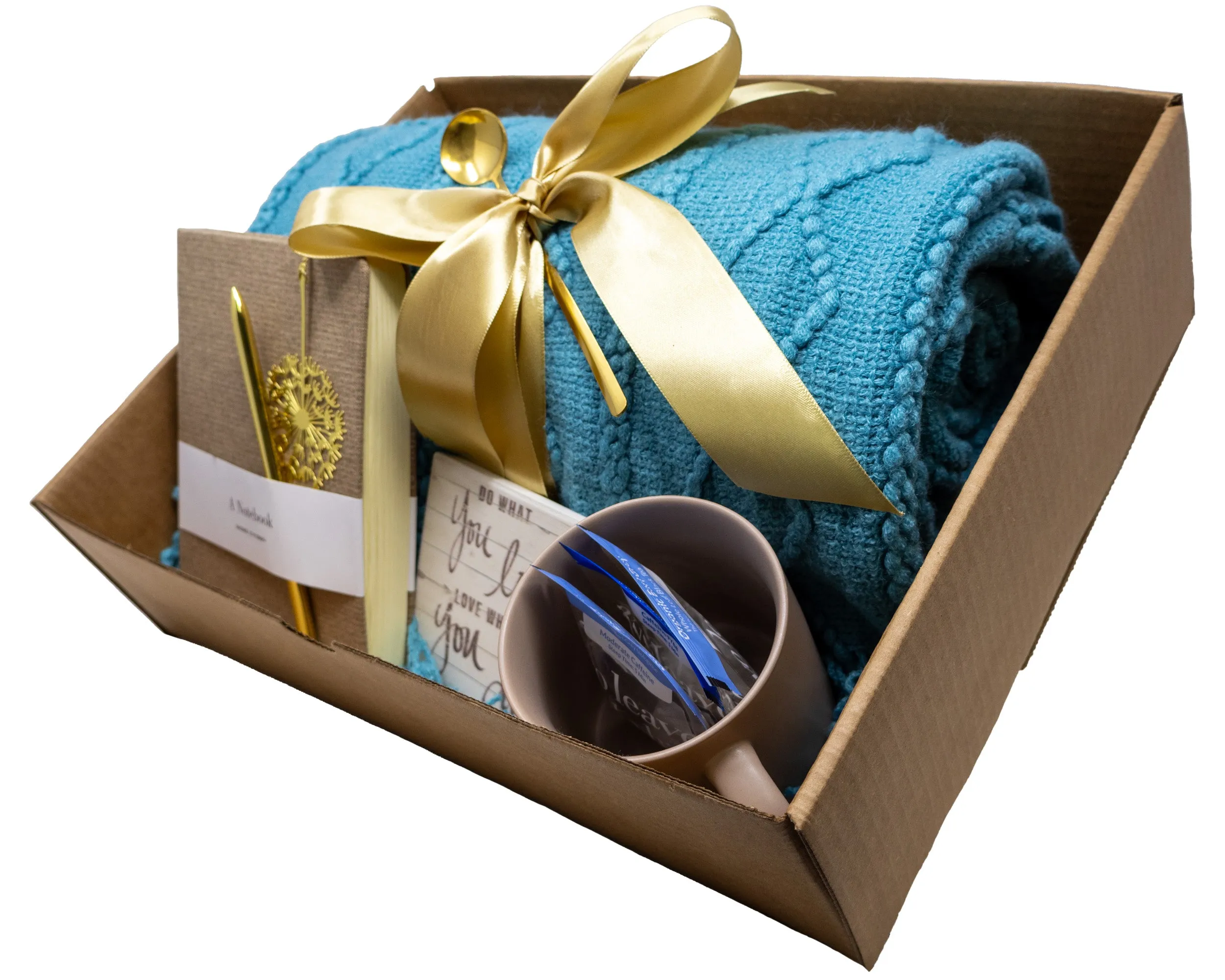 Cozy Blanket & Tea Gift Set Box with Teal and Brown Theme