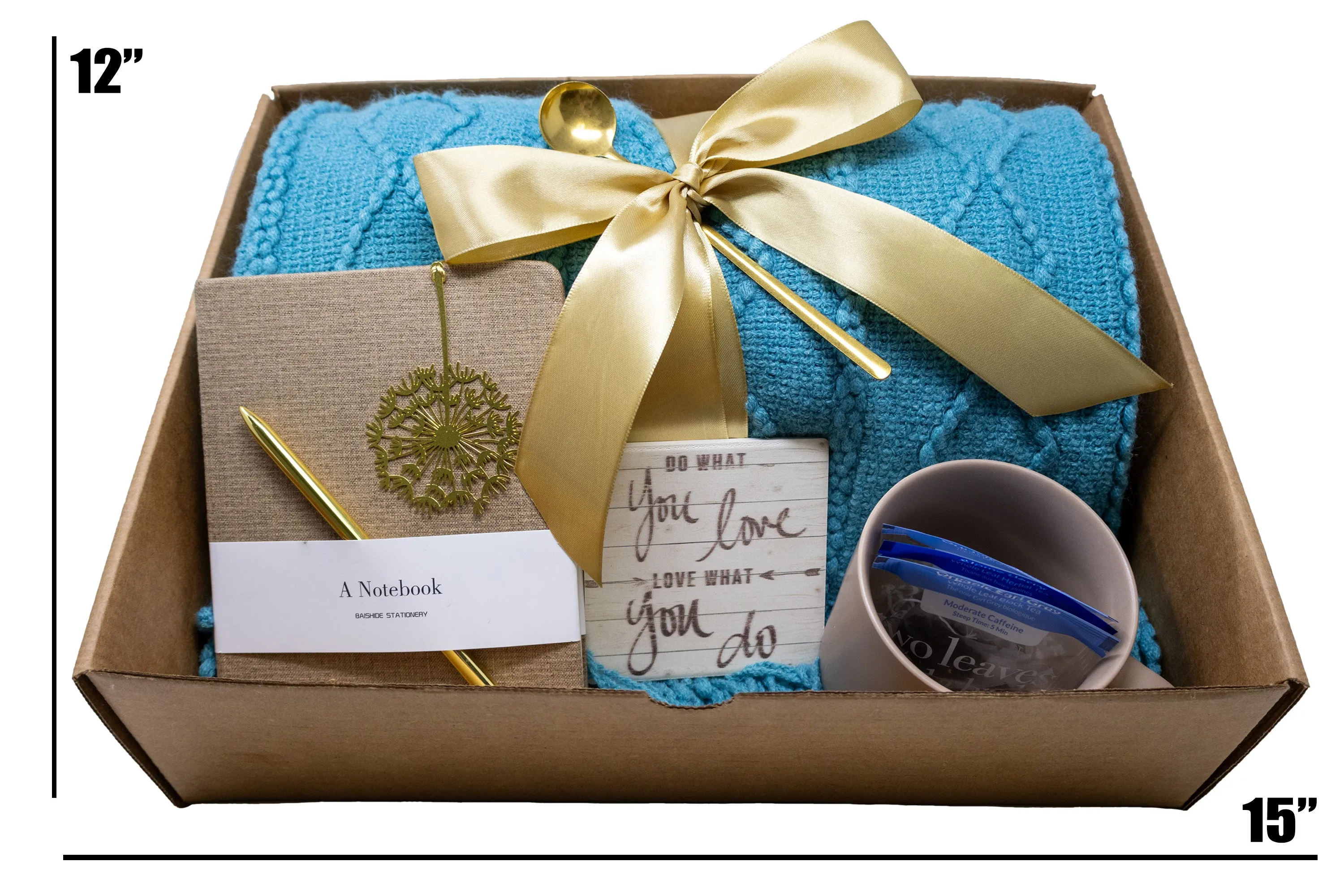 Cozy Blanket & Tea Gift Set Box with Teal and Brown Theme