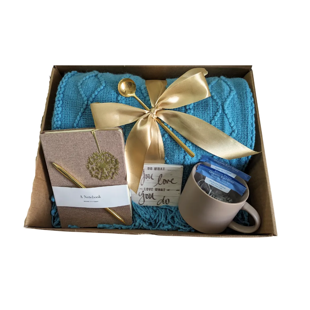 Cozy Blanket & Tea Gift Set Box with Teal and Brown Theme
