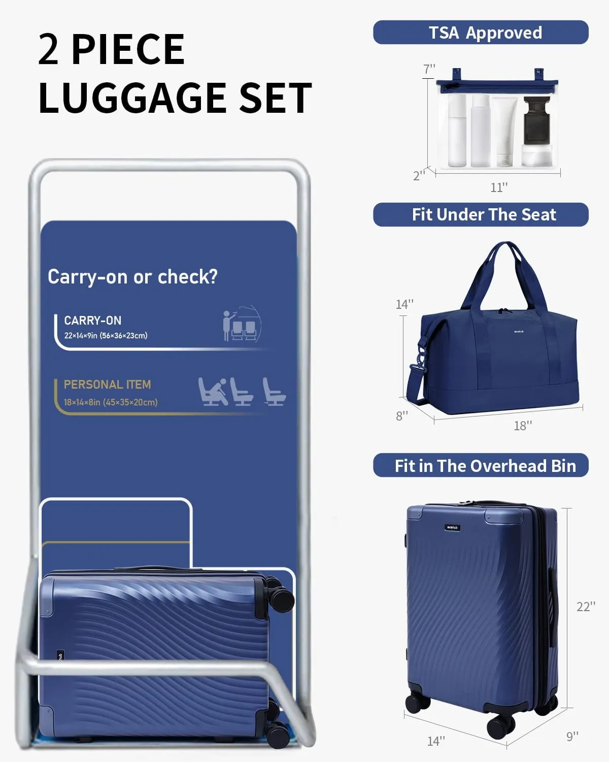 ECOHUB Hardside Expandable Carry On Luggage, 20" Rolling Luggage 22x14x9 Airline Approved with Spinner Wheels & TSA Lock, Lightweight Small Hardshell Travel Suitcase Valises, 20inch Carry-on Blue