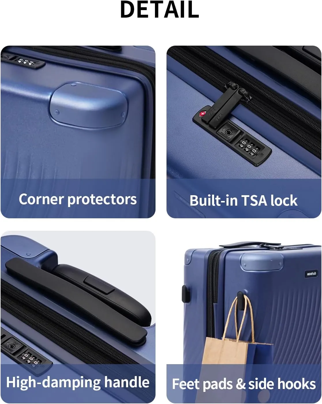 ECOHUB Hardside Expandable Carry On Luggage, 20" Rolling Luggage 22x14x9 Airline Approved with Spinner Wheels & TSA Lock, Lightweight Small Hardshell Travel Suitcase Valises, 20inch Carry-on Blue