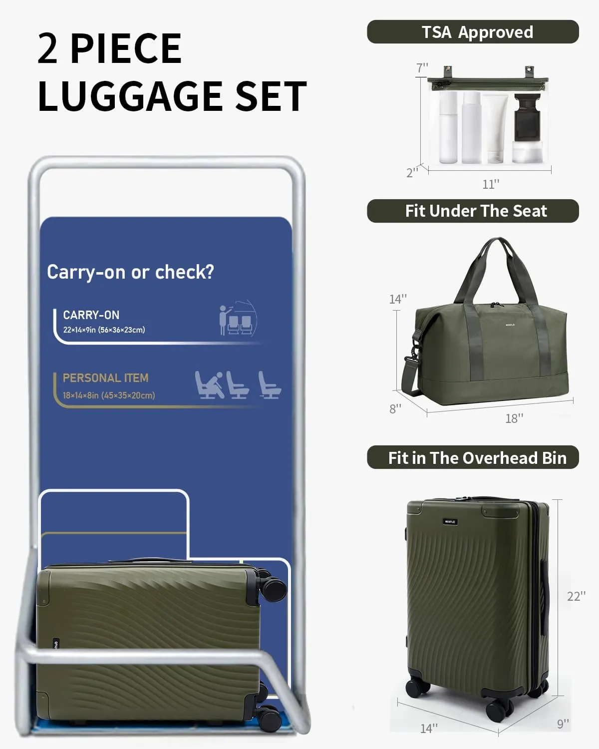ECOHUB Hardside Expandable Carry On Luggage, 20" Rolling Luggage 22x14x9 Airline Approved with Spinner Wheels & TSA Lock, Lightweight Small Hardshell Travel Suitcase Valises, 20inch Carry-on Green