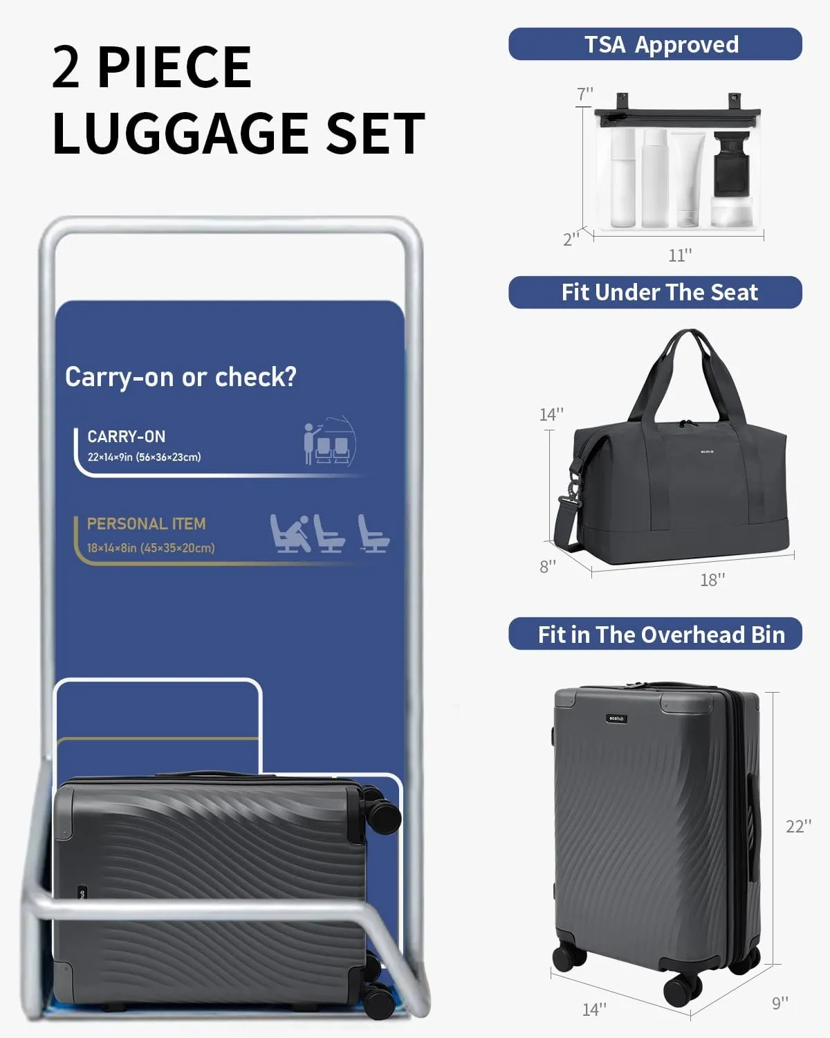 ECOHUB Hardside Expandable Carry On Luggage, 20" Rolling Luggage 22x14x9 Airline Approved with Spinner Wheels & TSA Lock, Lightweight Small Hardshell Travel Suitcase Valises, 20inch Carry-on Grey