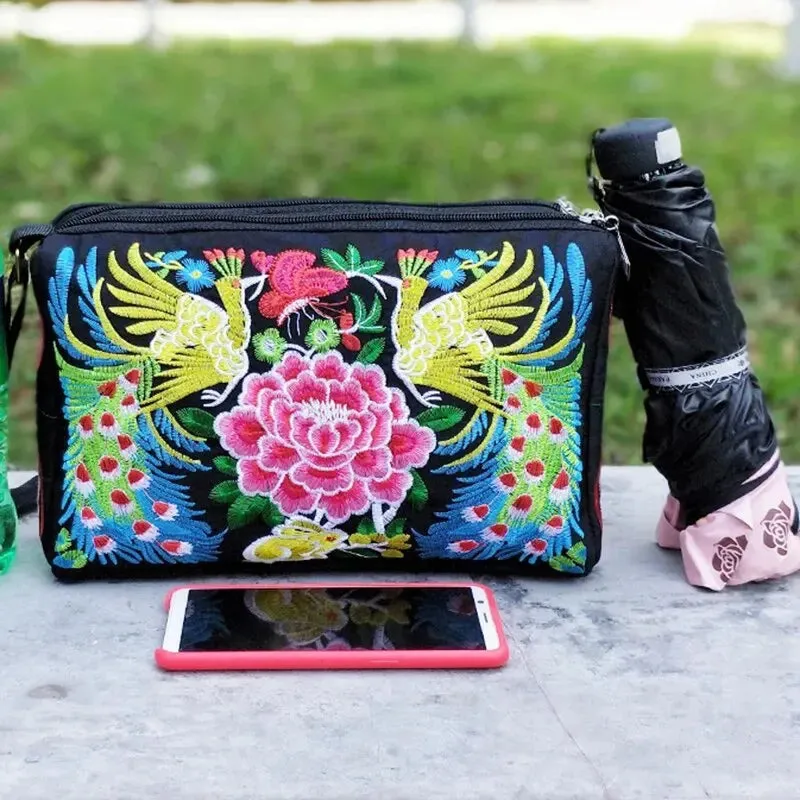 Embroidered Flowers Women's Nylon Crossbody Handbag Purse Ladies Large Capacity Travel Shoulder Bags