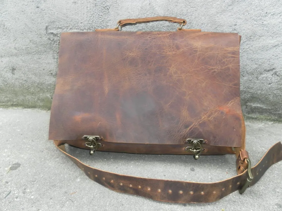 Full Grain Leather Briefcase Bag-Top Handle Genuine Leather Briefcase Shoulder Bag