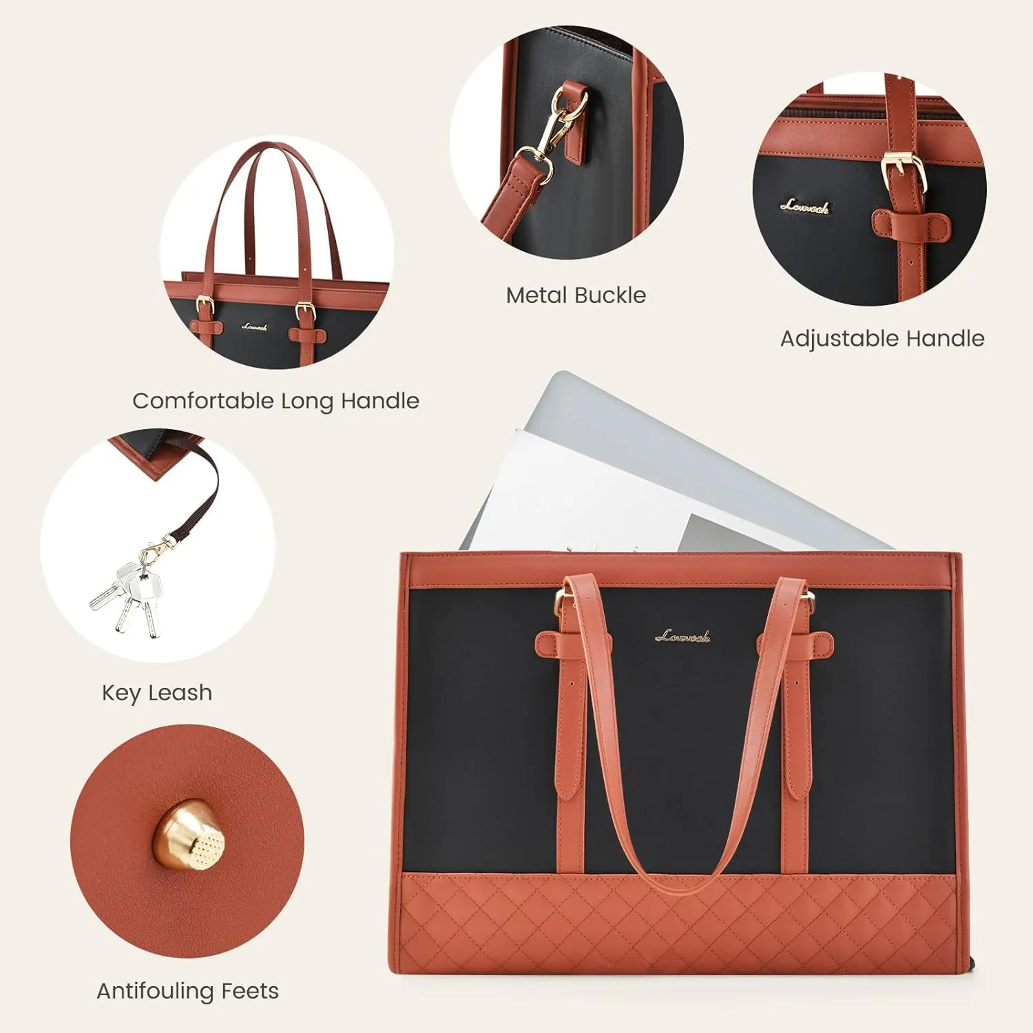 LOVEVOOK Laptop Bag for Women,15.6 inch Laptop Tote Bag Waterproof PU Leather Computer Bag Work Bags for Business Office, Large Capacity Laptop Purse Professional Work Tote Black