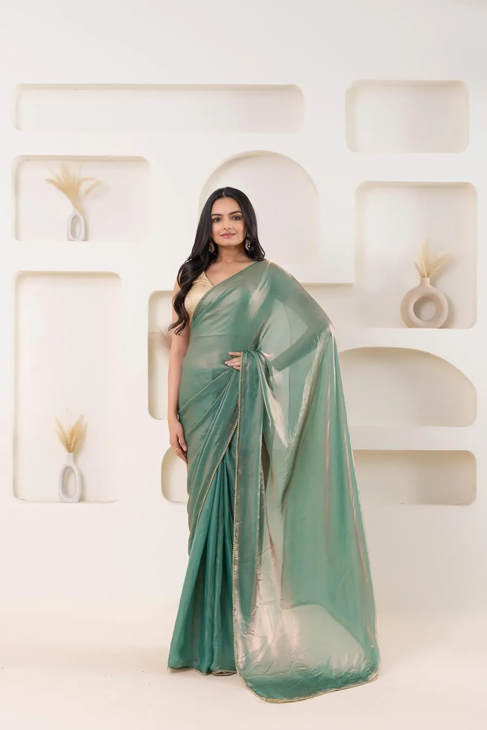 Lustrous Tissue Silk Ready To Wear Saree With Foil Printed Digital Blouse