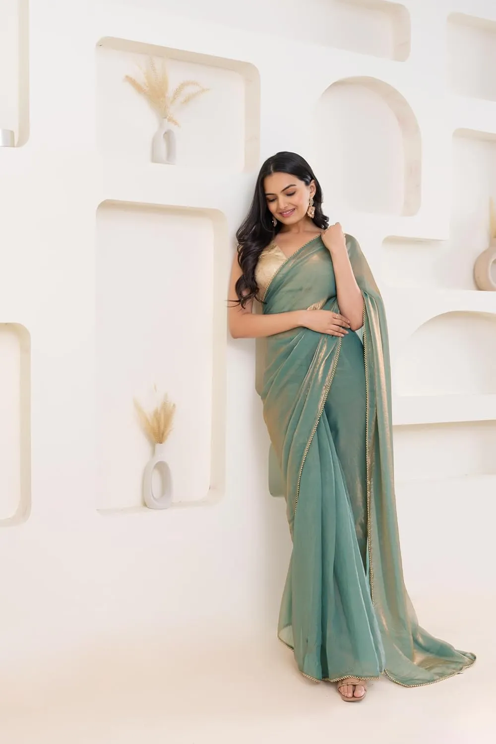 Lustrous Tissue Silk Ready To Wear Saree With Foil Printed Digital Blouse