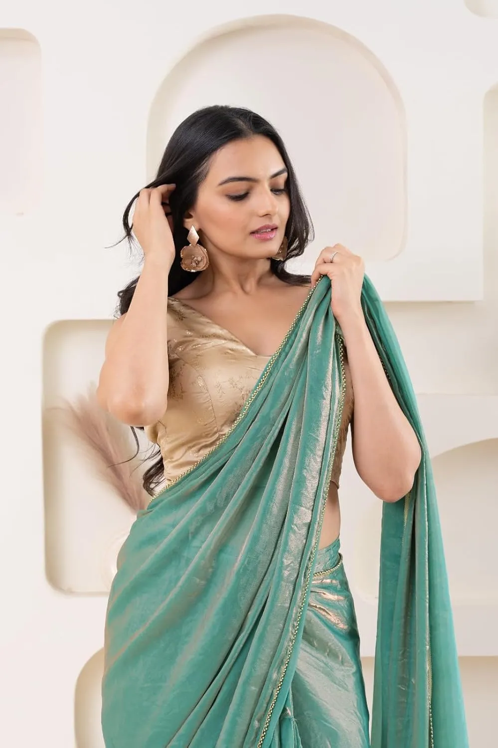 Lustrous Tissue Silk Ready To Wear Saree With Foil Printed Digital Blouse