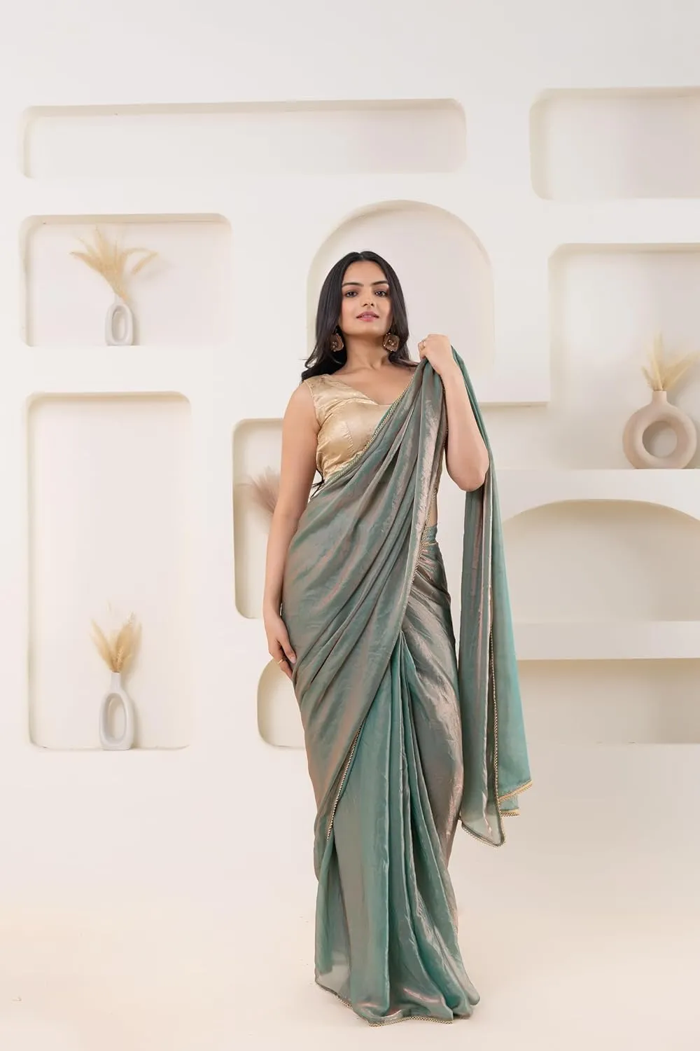 Lustrous Tissue Silk Ready To Wear Saree With Foil Printed Digital Blouse
