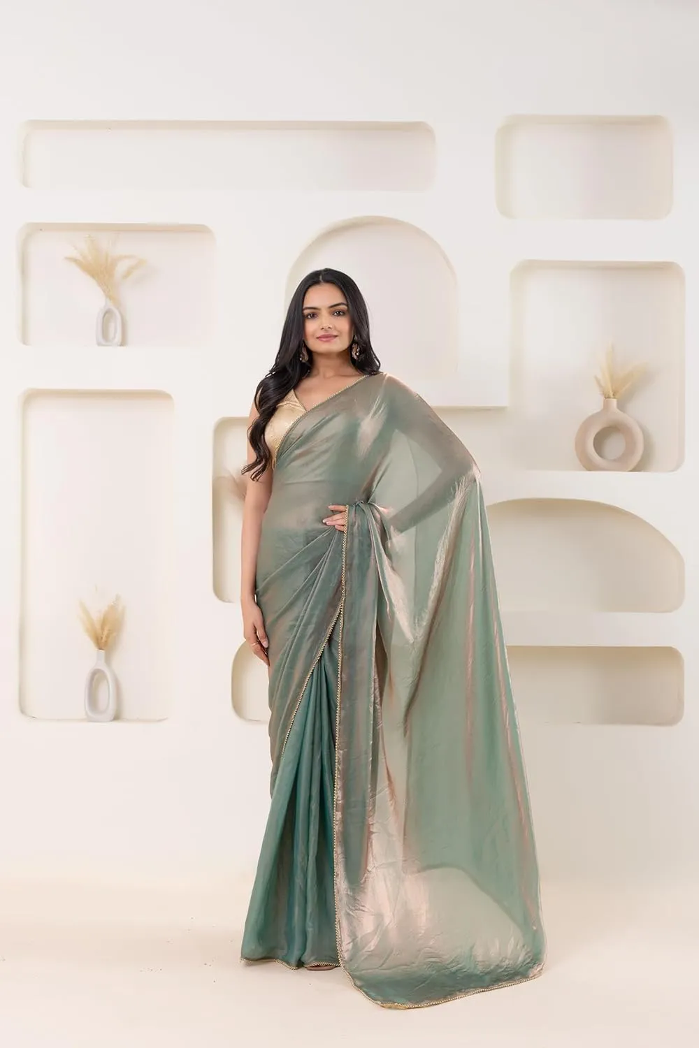 Lustrous Tissue Silk Ready To Wear Saree With Foil Printed Digital Blouse