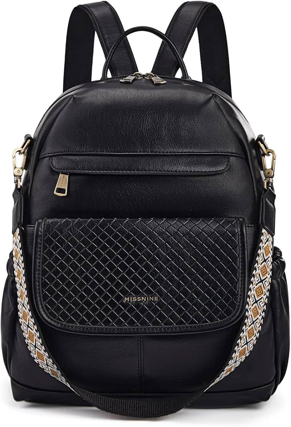 Missnine PU Leather Backpack Purse for Women, Convertible Travel Backpack, Designer Ladies Shoulder Bag and Satchel Bags for Work, College with Weave Detail
