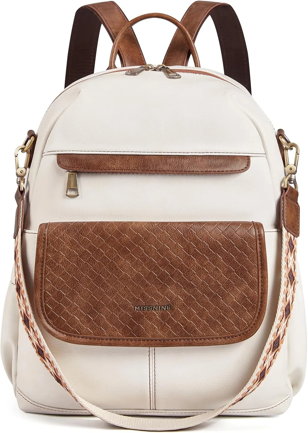 Missnine PU Leather Backpack Purse for Women, Convertible Travel Backpack, Designer Ladies Shoulder Bag and Satchel Bags for Work, College with Weave Detail
