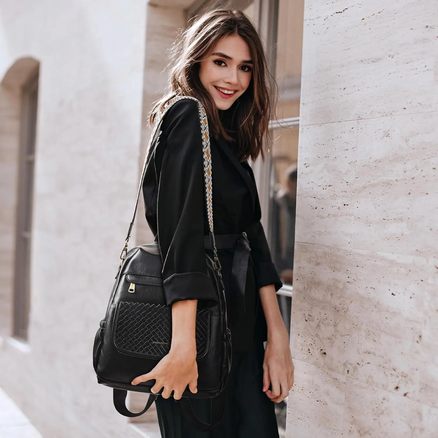 Missnine PU Leather Backpack Purse for Women, Convertible Travel Backpack, Designer Ladies Shoulder Bag and Satchel Bags for Work, College with Weave Detail