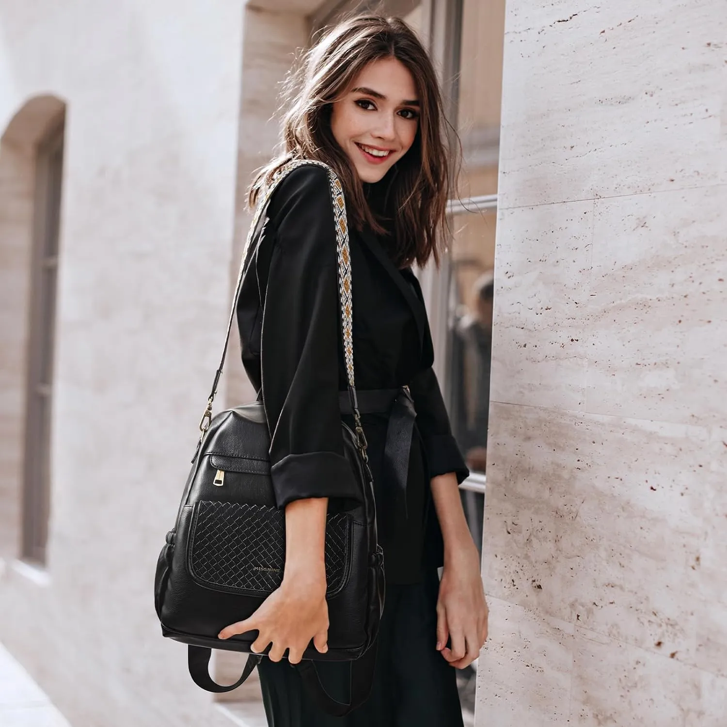 Missnine PU Leather Backpack Purse for Women, Convertible Travel Backpack, Designer Ladies Shoulder Bag and Satchel Bags for Work, College with Weave Detail