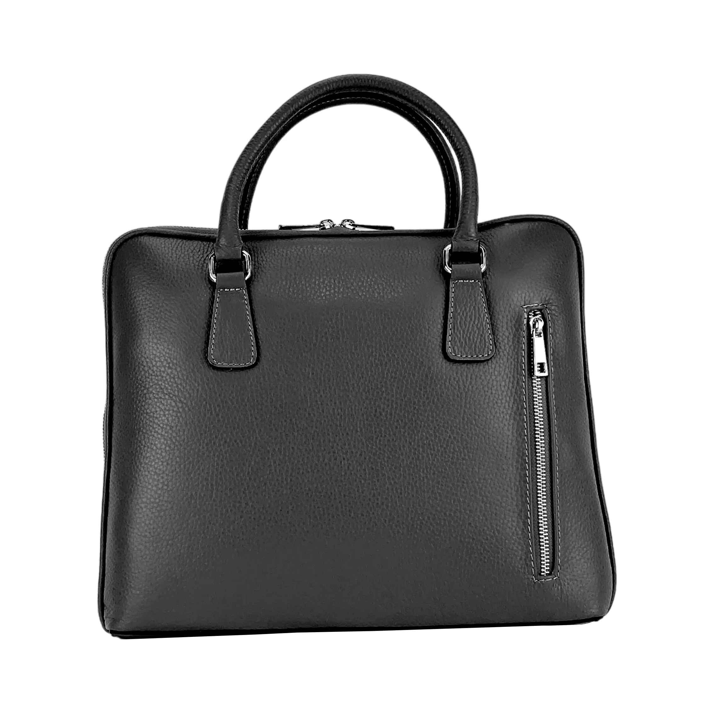 RB1019A | Unisex Business Briefcase in Genuine Leather Made in Italy with removable shoulder strap. Attachments with shiny nickel metal snap hooks - Black color - Dimensions: 37 x 29 x 6.5 cm