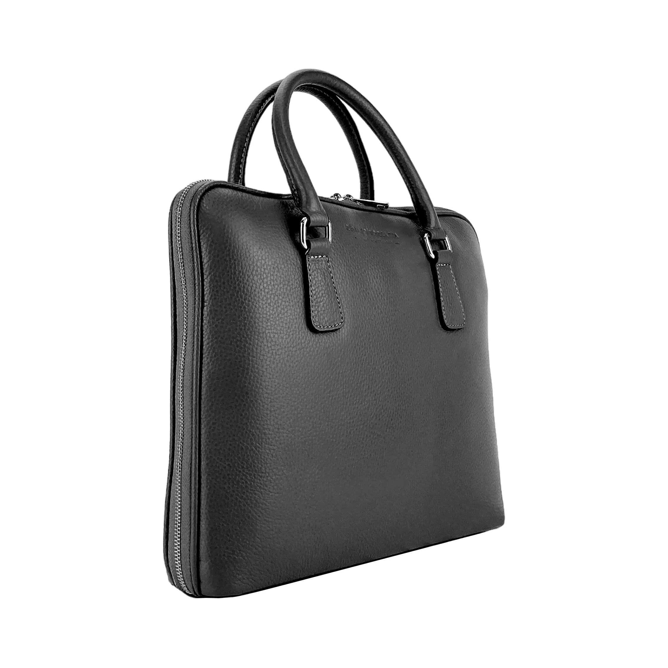 RB1019A | Unisex Business Briefcase in Genuine Leather Made in Italy with removable shoulder strap. Attachments with shiny nickel metal snap hooks - Black color - Dimensions: 37 x 29 x 6.5 cm