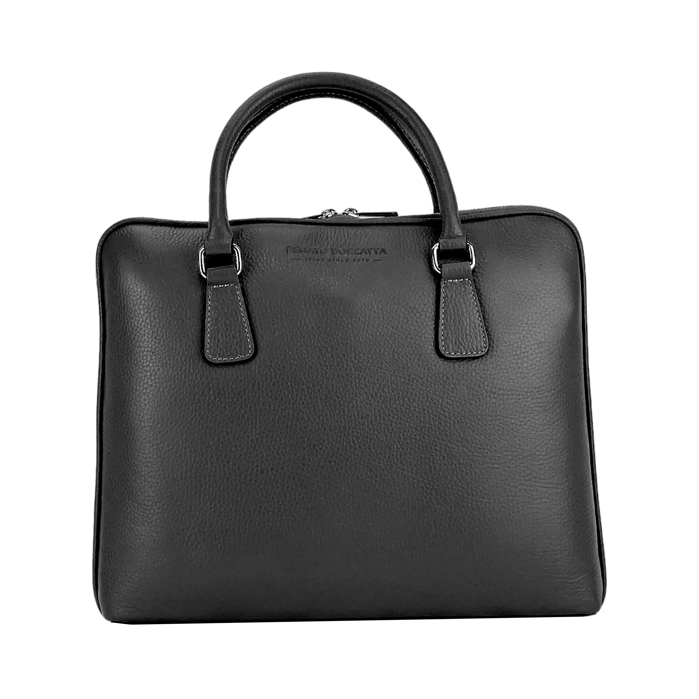 RB1019A | Unisex Business Briefcase in Genuine Leather Made in Italy with removable shoulder strap. Attachments with shiny nickel metal snap hooks - Black color - Dimensions: 37 x 29 x 6.5 cm