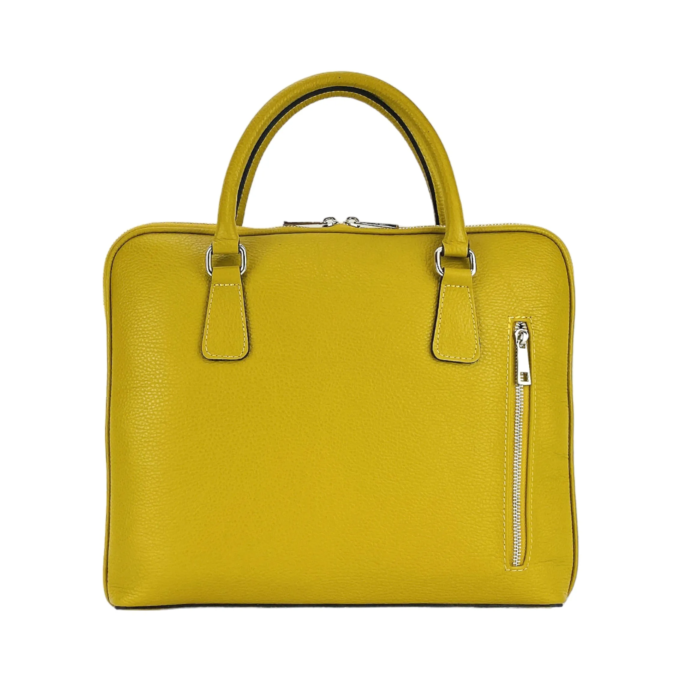 RB1019AR | Unisex Business Briefcase in Genuine Leather Made in Italy with removable shoulder strap. Attachments with shiny nickel metal snap hooks - Mustard color - Dimensions: 37 x 29 x 6.5 cm