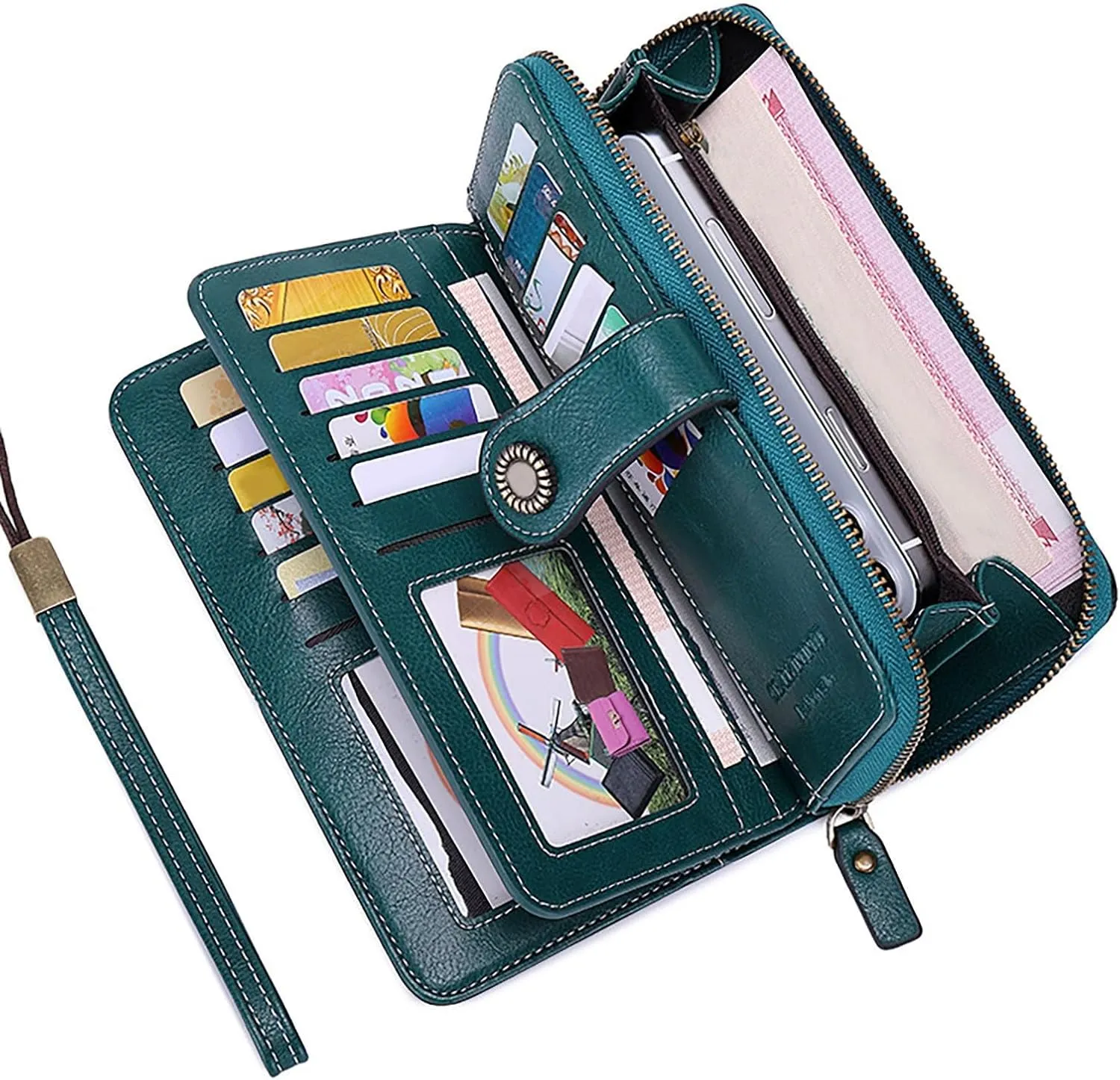 Rfid Wallet Women, Leather Wallet Wristlet, Large Capacity Rfid Blocking Bifold Zip Around Credit Card Holder Clutch Purses