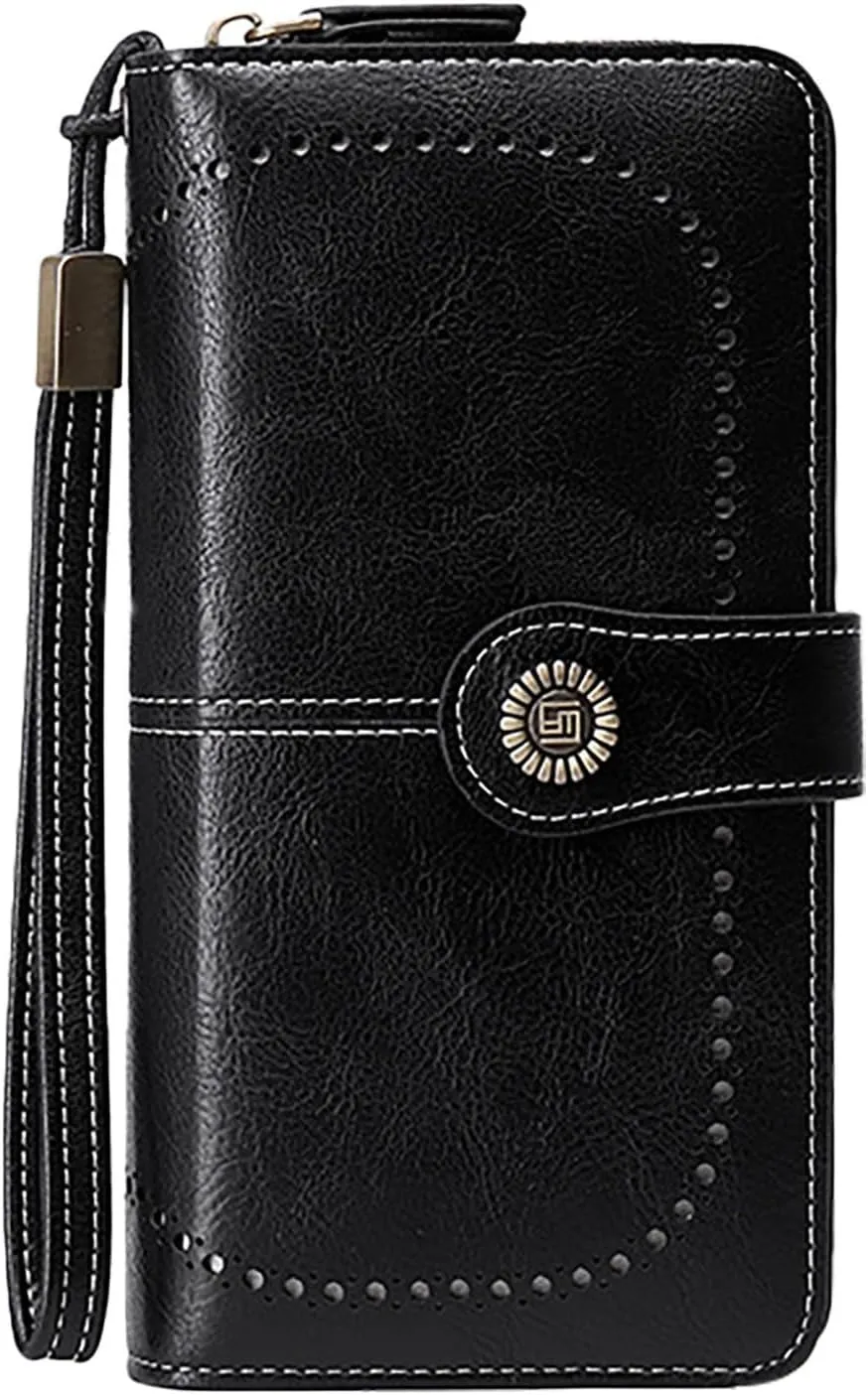 Rfid Wallet Women, Leather Wallet Wristlet, Zip Around Bifold Rfid Blocking Large Capacity Credit Card Wallet Clutch Purses