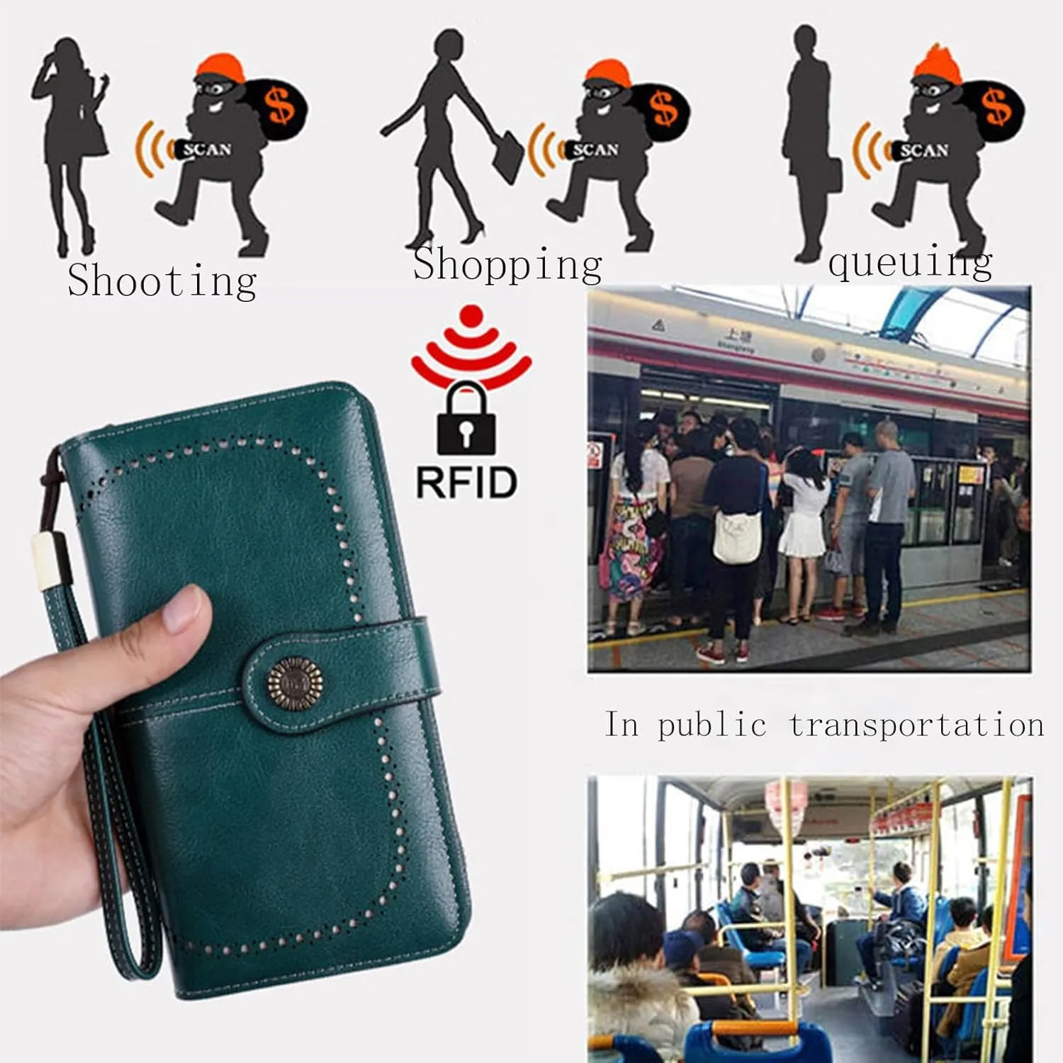 Rfid Wallet Women, Leather Wallet Wristlet, Zip Around Large Capacity Rfid Blocking Bifold Clutch Purses Credit Card Holder