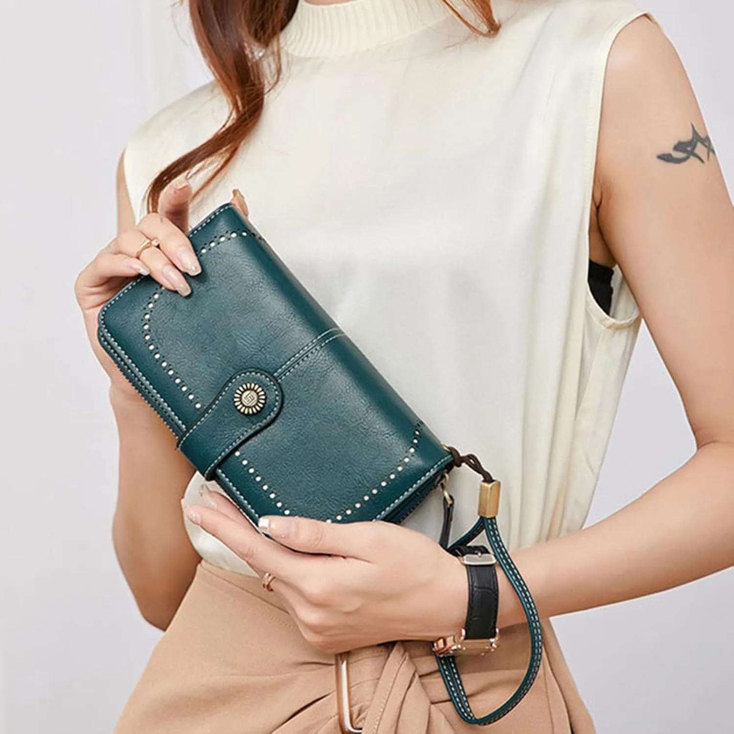 Rfid Wallet Women, Leather Wristlet Wallets, Bifold Zip Around Large Capacity Rfid Blocking Credit Card Holder Clutch Purses