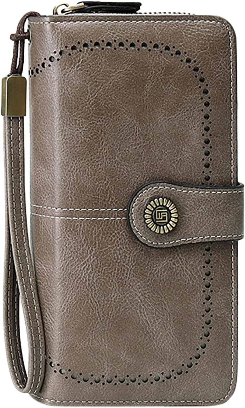 Rfid Wallet Women, Leather Wristlet Wallets, Bifold Zip Around Large Capacity Rfid Blocking Credit Card Wallet Clutch Purses