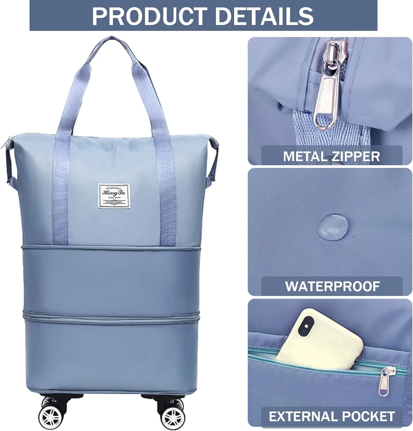 Rolling Duffle Bag with Detachable Wheels Expandable Foldable Duffle Bag for Travel Luggage bag Carry on Weekend Travel Bag (Blue)