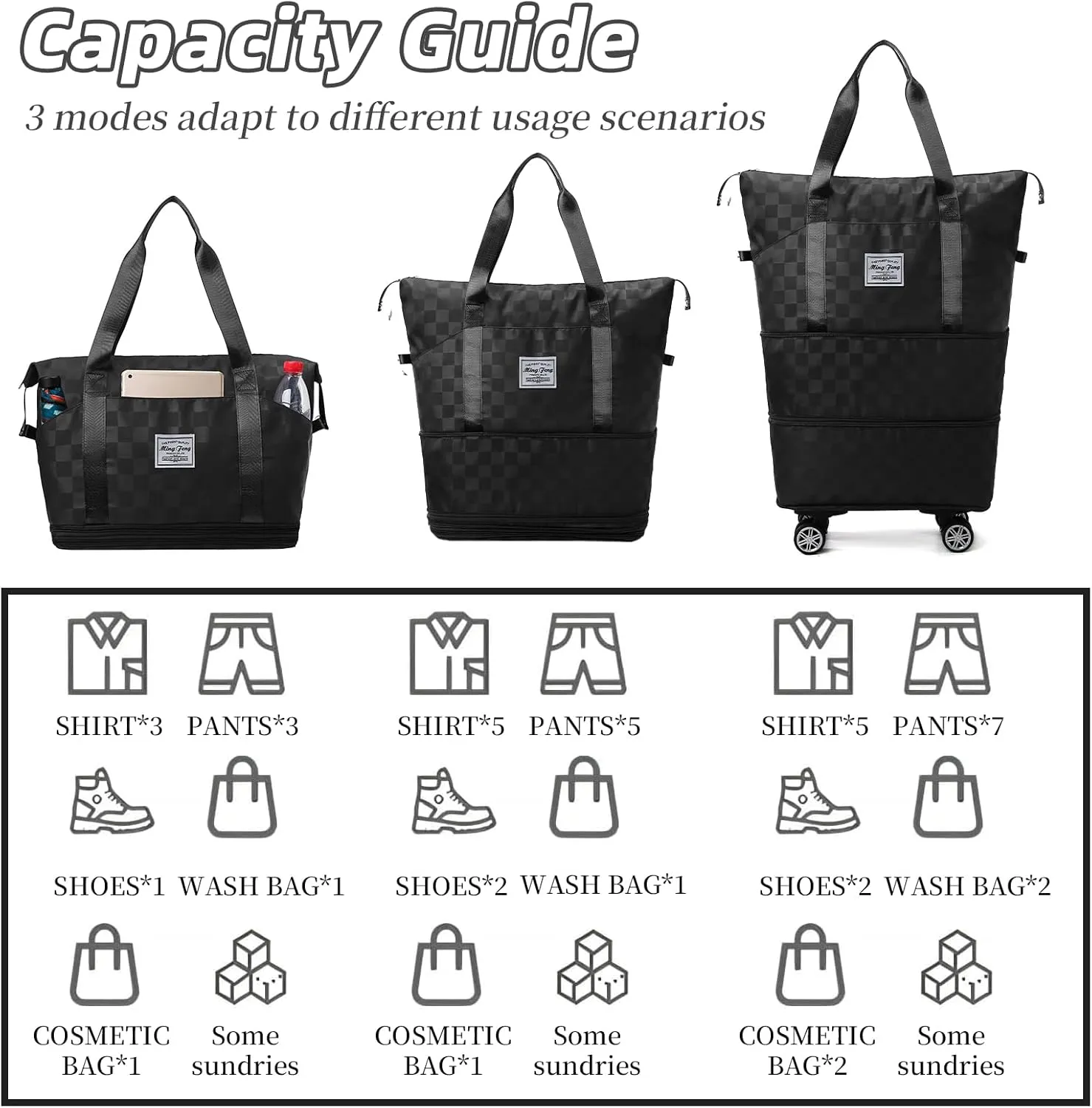 Rolling Duffle Bag with Wheels and Shoe Bag for Travel Expandable Foldable Travel Duffel Bag Carry on Luggage Bag Checkerboard Weekender Bag for Men Women