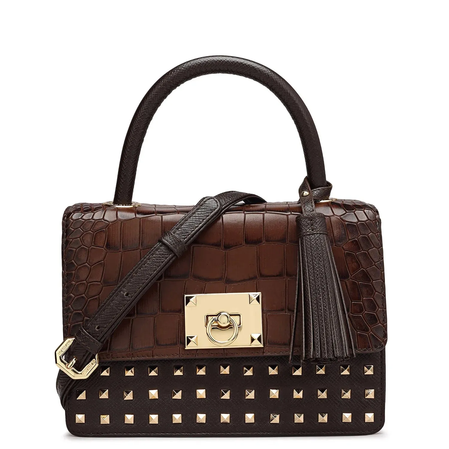 Small Croco Franzy Leather Satchel - Brown