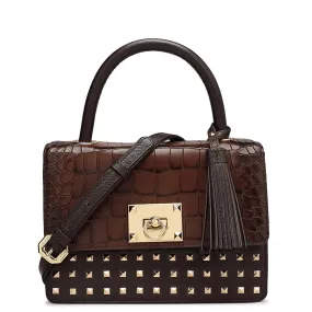 Small Croco Franzy Leather Satchel - Brown