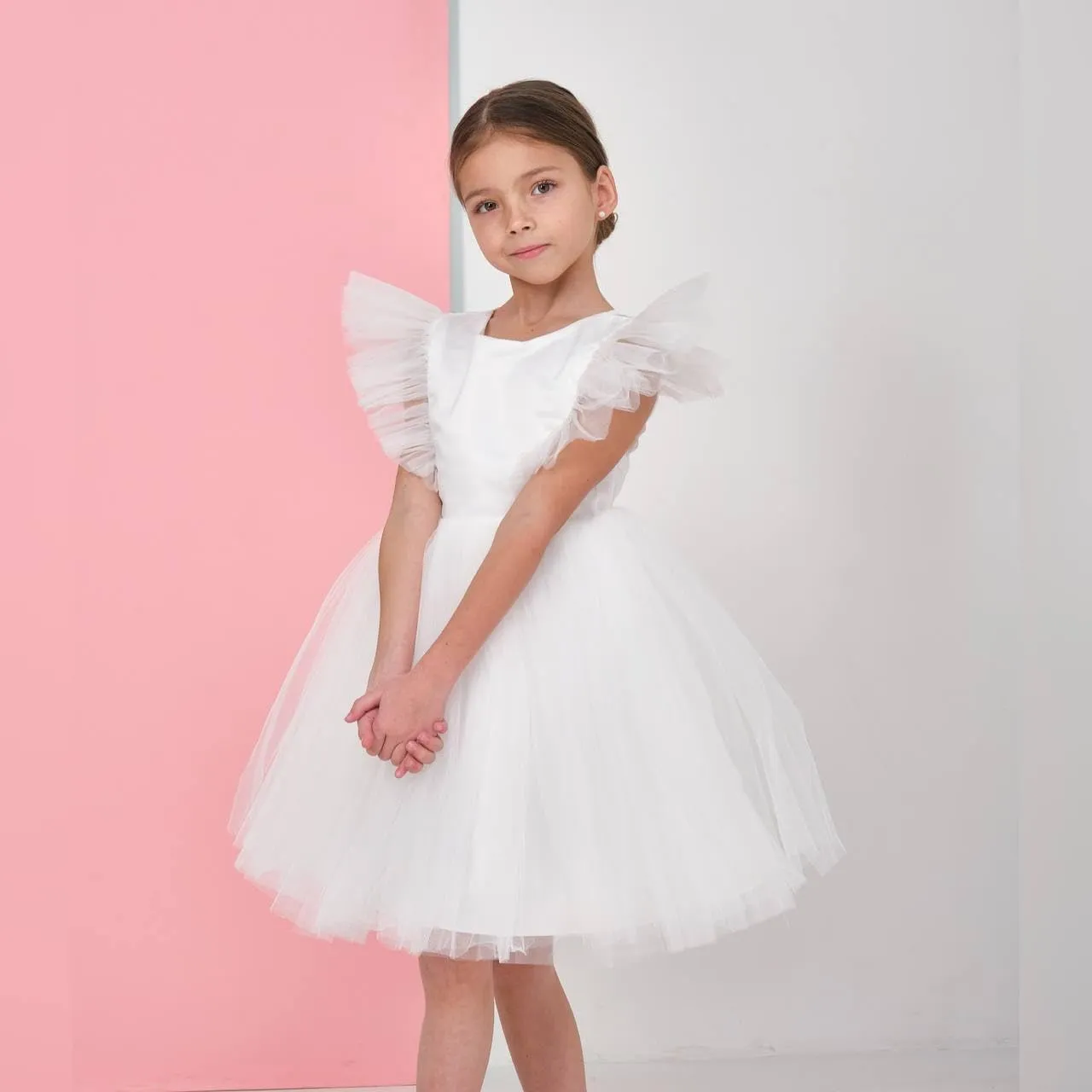 White Flower Girl Dresses for Wedding : Tulle Midi for Christmas, Princess Pageant Kids Ball Gown
