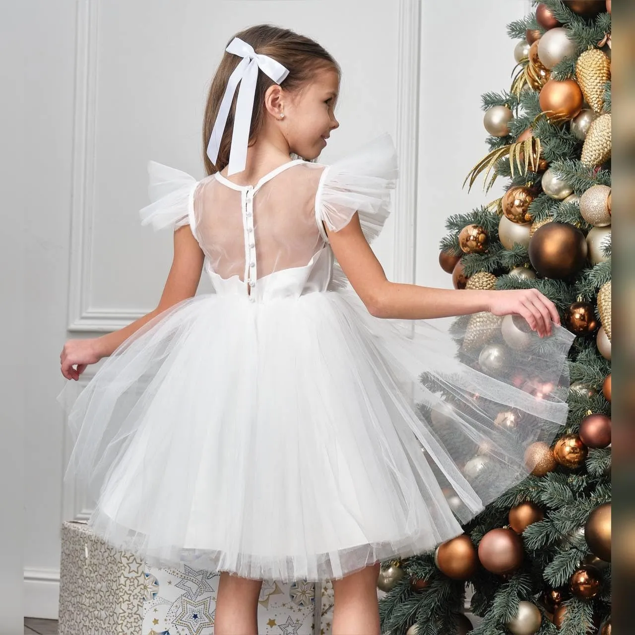 White Flower Girl Dresses for Wedding : Tulle Midi for Christmas, Princess Pageant Kids Ball Gown