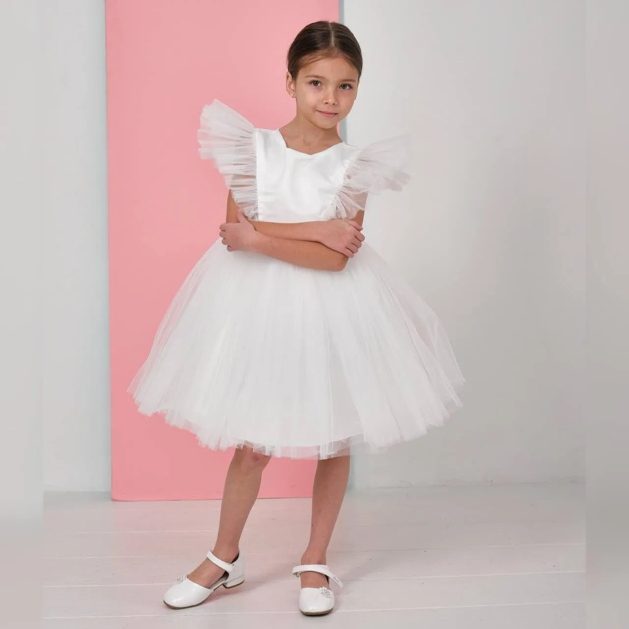 White Flower Girl Dresses for Wedding : Tulle Midi for Christmas, Princess Pageant Kids Ball Gown