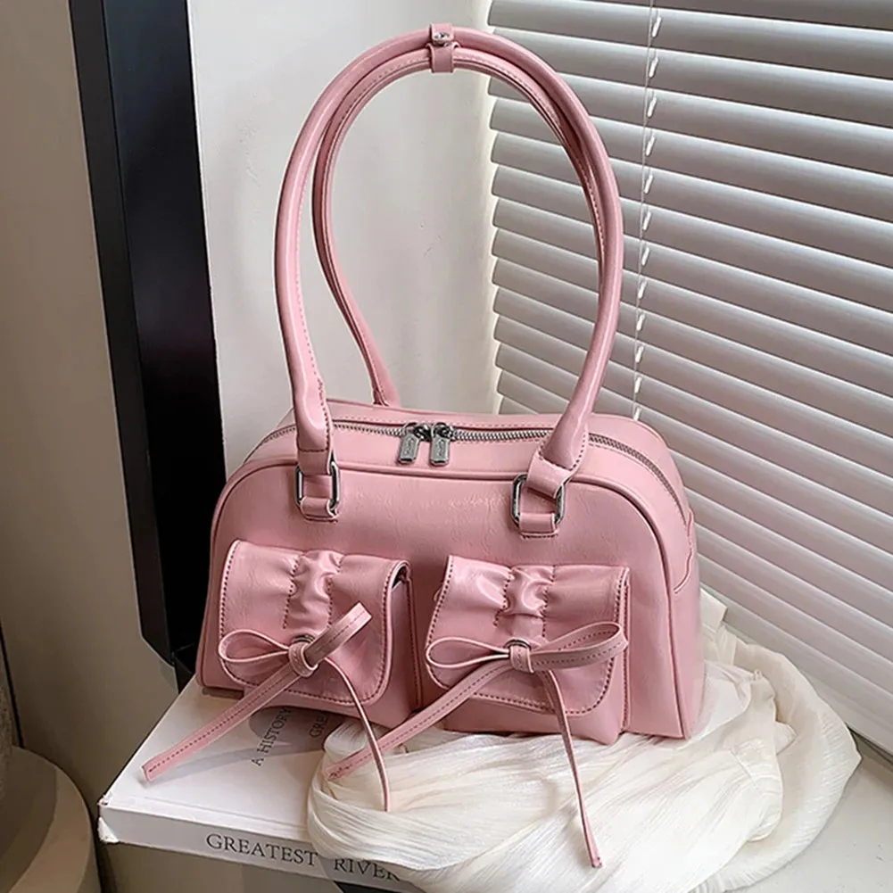 Women Trendy Handbags Double Pockets PU Leather Fashion Shoulder Bag with Bow Daily Commuting Bag Solid Color for Outdoor Party
