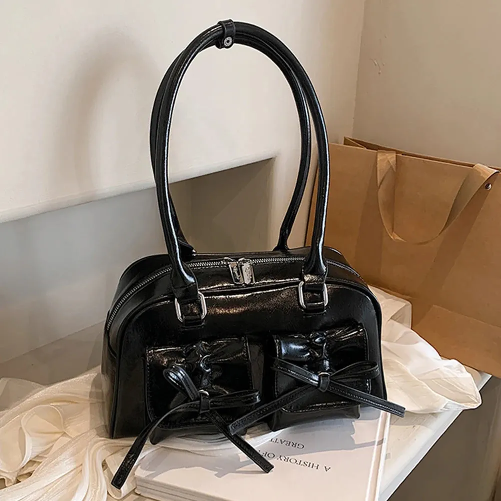 Women Trendy Handbags Double Pockets PU Leather Fashion Shoulder Bag with Bow Daily Commuting Bag Solid Color for Outdoor Party