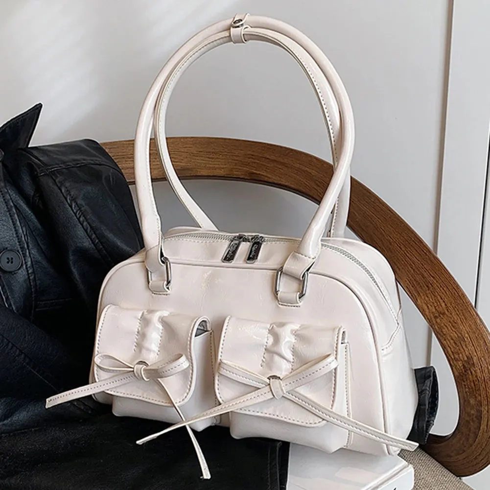 Women Trendy Handbags Double Pockets PU Leather Fashion Shoulder Bag with Bow Daily Commuting Bag Solid Color for Outdoor Party