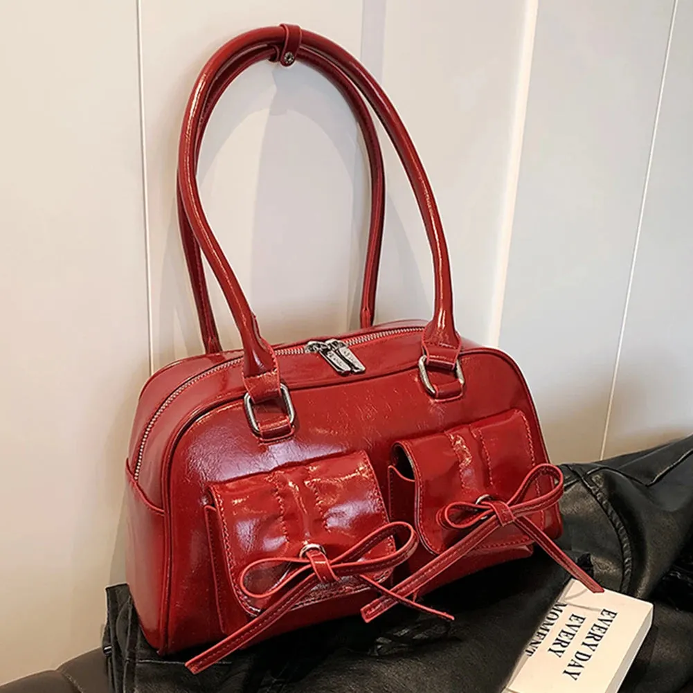 Women Trendy Handbags Double Pockets PU Leather Fashion Shoulder Bag with Bow Daily Commuting Bag Solid Color for Outdoor Party