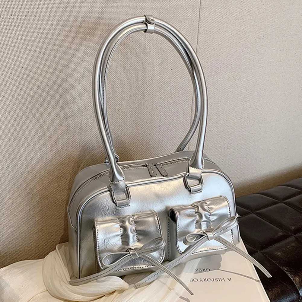 Women Trendy Handbags Double Pockets PU Leather Fashion Shoulder Bag with Bow Daily Commuting Bag Solid Color for Outdoor Party