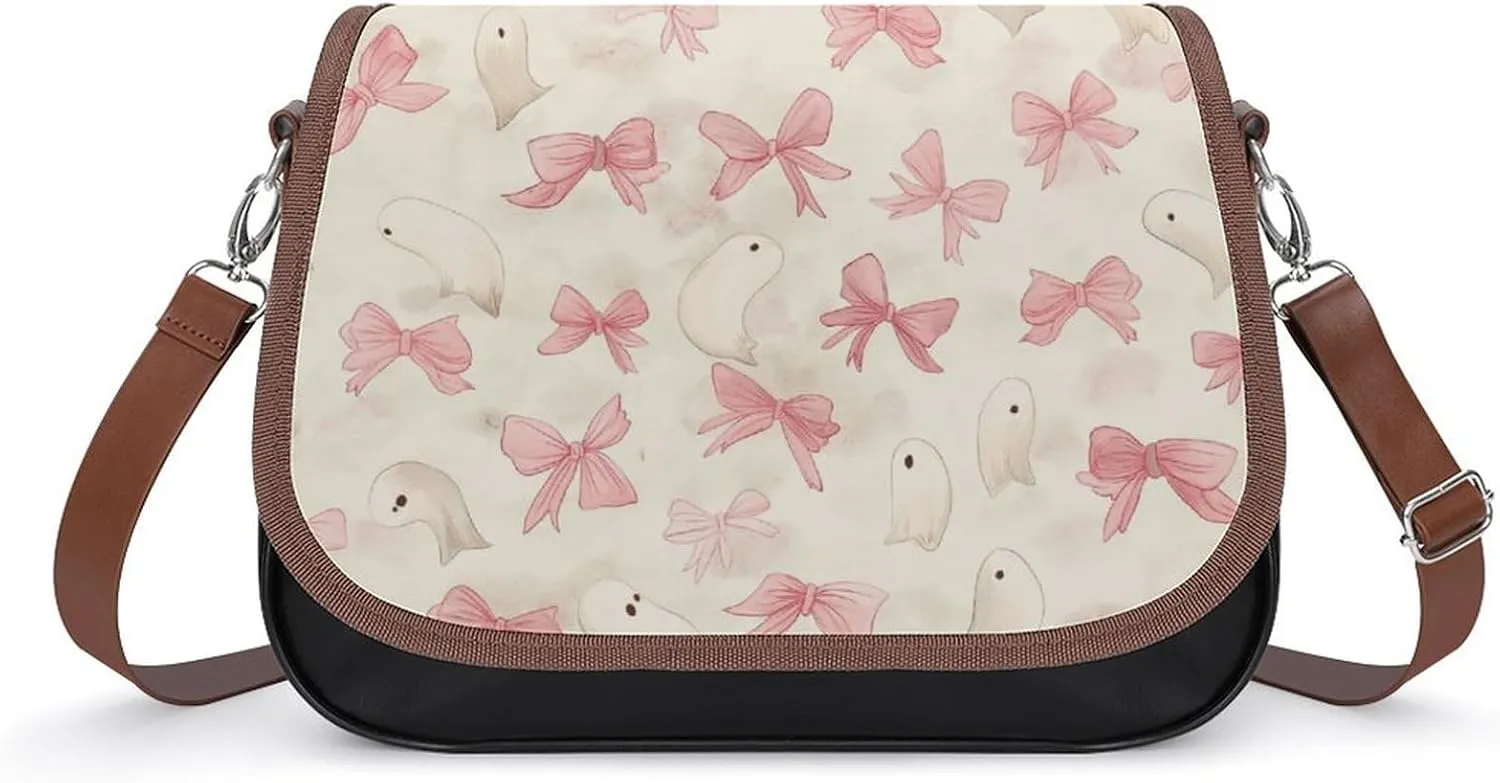 Women's Handbag Pink Bows Patterns Satchel Bag Leather Crossbody Bag Waterproof Messenger Bag